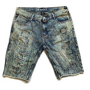 Kroix Jean Denim Shorts Mens 38x13.5 Distressed Acid Wash‎ Relaxed Faded Raw Hem